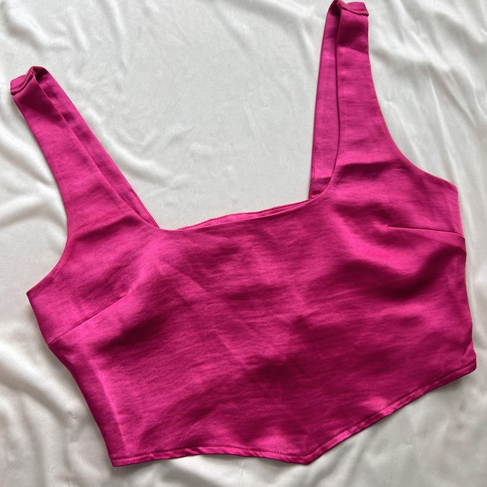 Satin V-Hem Crop Top in Fuchsia
